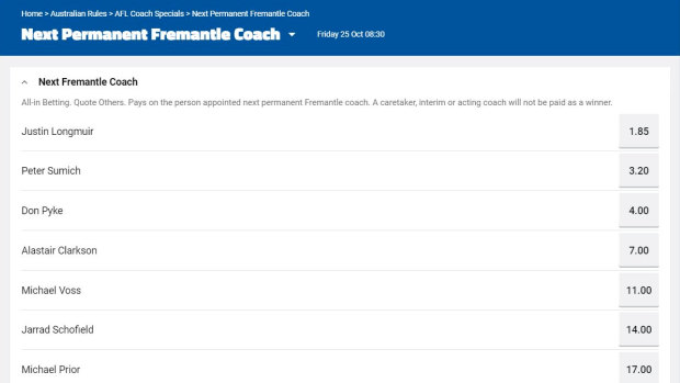 The Sportsbet market for Fremantle's next senior coach, with Alastair Clarkson fourth favourite.