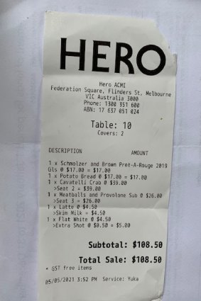 Receipt for lunch at Hero.