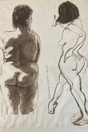 “[This] life drawing is a good example of our contrasting styles: Peter’s detailed and complete, mine sketchy,
loose and incomplete,” Bruce Harvey explains.