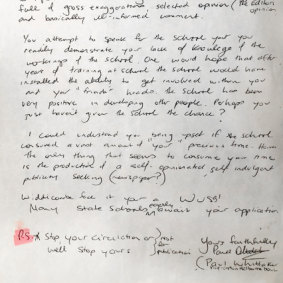 Poison pen letter: The letter sent by a young Whittaker to his student rival Ben Widdicombe. 