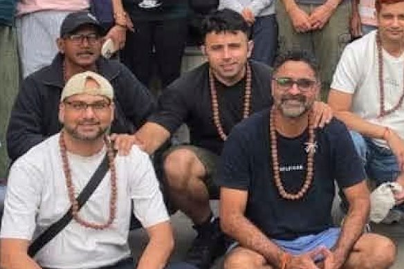 Bhardwaj (centre) was travelling with his friends Arpan Mithalal Kothari (left) and Bhavinkumar Rajnikant Raval (right).