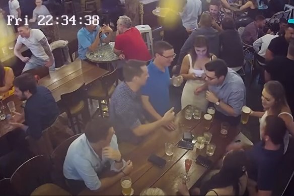 CCTV showing Bruce Lehrmann and Brittany Higgins at a bar in Canberra on March, 22, 2019.