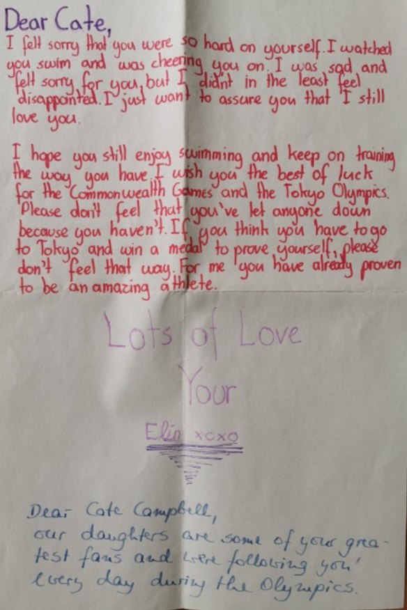 Letters written by Elin and Nene Schulz, to Cate Campbell after the 2016 Rio Olympics.