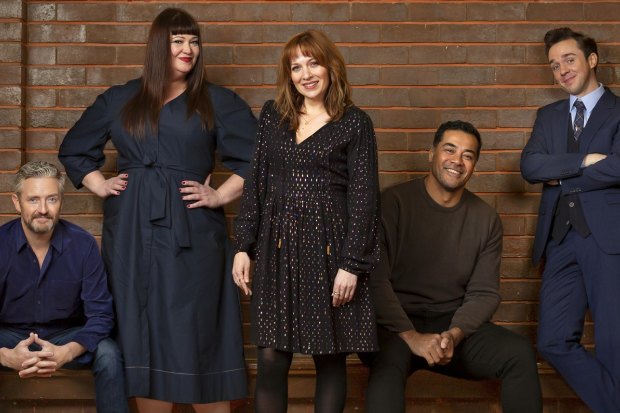 The cast of new Melbourne comedy Spreadsheet (from left) Stephen Curry, Katrina Milosevic, Katherine Parkinson, Robbie Magasiva and Rowan Witt.



