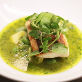 Steamed snapper, chicken broth, asparagus, coriander and chilli.