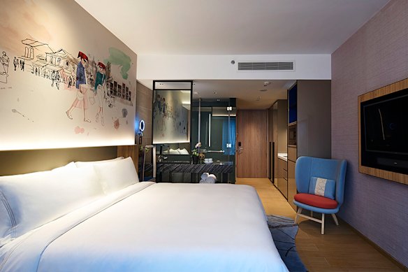 An Executive room. Like many modern compact hotel rooms, there’s no bathroom per se.
