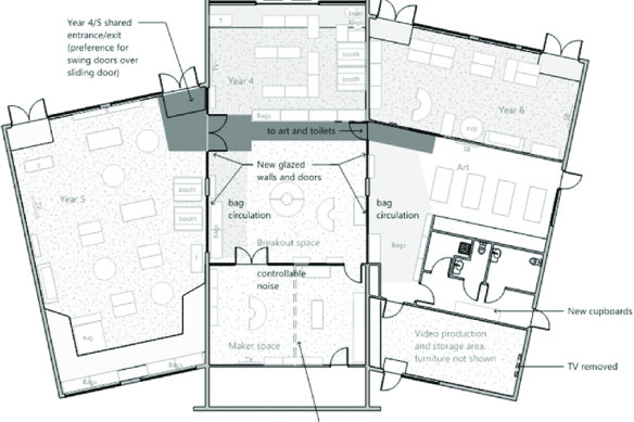 An image of the repurposed open-plan design, with glass partitions and doors installed to create separate learning spaces.