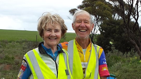 Janice and Bernie Fitzpatrick on a fundraising ride on the Eyre Peninsula, South Australia, in 2015.