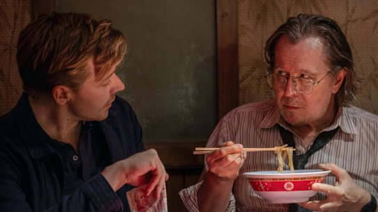 Jack Lowden as River Cartwright and Gary Oldman as disgraced spy master Jackson Lamb in Slow Horses.