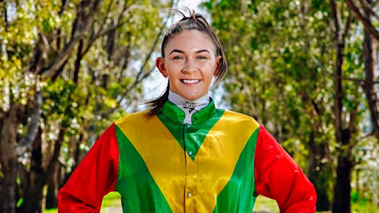 Jockey Celine Gaudray at home in Skye ahead of her maiden Melbourne Cup ride on Torranzino on Tuesday.