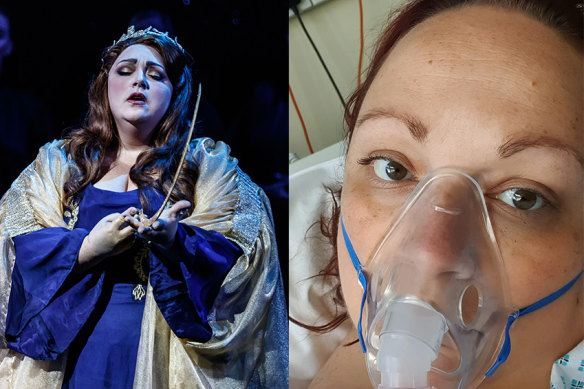Australian opera singer Helena Dix, performing in Norma for Melbourne Opera last year (left), and in a British hospital (right) after developing a large blood clot in her lungs .
