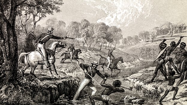 A lithograph of the Waterloo Creek Massacre.