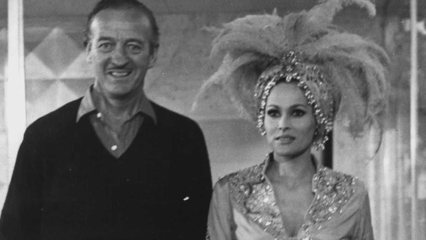 British actor David Niven, one of the spies in the original Casino Royale and Ursula Andress, who played the original Vesper Lynd.