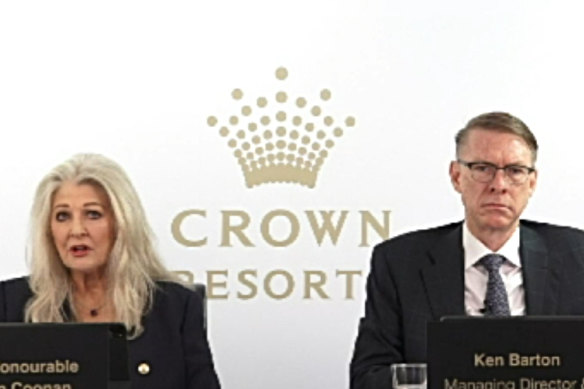 Crown chair Helen Coonan and chief executive Ken Barton at Crown’s virtual general meeting.