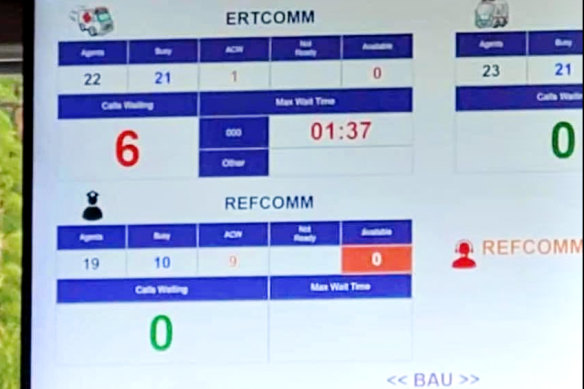 An internal dashboard shows a maximum wait for emergency ambulance calls of more than 90 seconds. The Victorian Ambulance Union says this photo was taken in recent weeks.