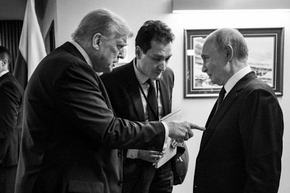 US President Donald Trump shared a picture of himself pointing at the chest of his Russian counterpart Vladimir Putin.