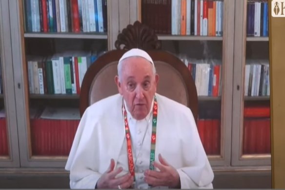 Pope Francis praising Russian tsars in a video link to a Russian Catholic Church.