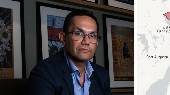 Composite: ORIC’s Selwyn Button. Inset: Map of Adnyamathanha native title area.