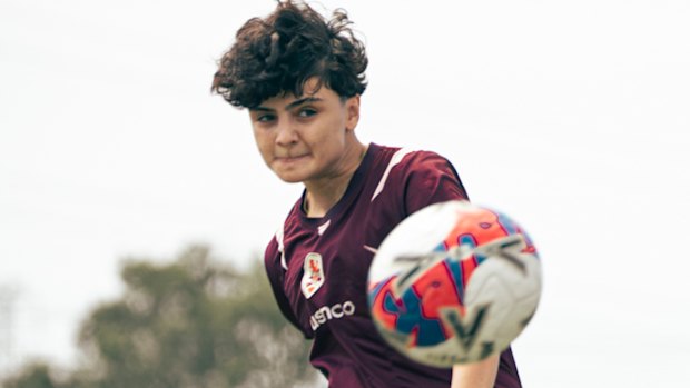 Iranian women’s football player Fatemeh Pasandideh in action training with the Brisbane Roar women’s squad.