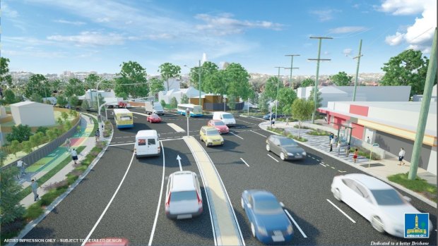 An artist's impression of the proposed stage one of the Wynnum Road upgrade, showing the intersection with Heidelberg Street, East Brisbane.