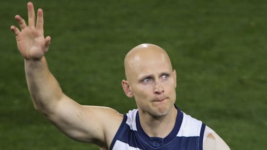 Gary Ablett of the Cats leaves the field for the last time during the AFL grand final match between the Richmond Tigers and Geelong Cats at the Gabba in Brisbane, Saturday, October 24, 2020. (Glenn Hunt/The AGE)  .