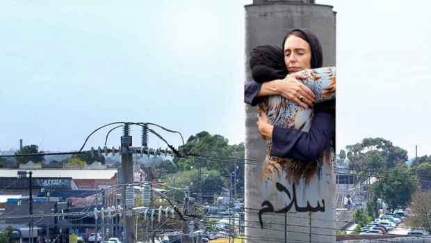 An artist's impression of the mural of Jacinda Ardern on a Brunswick silo.