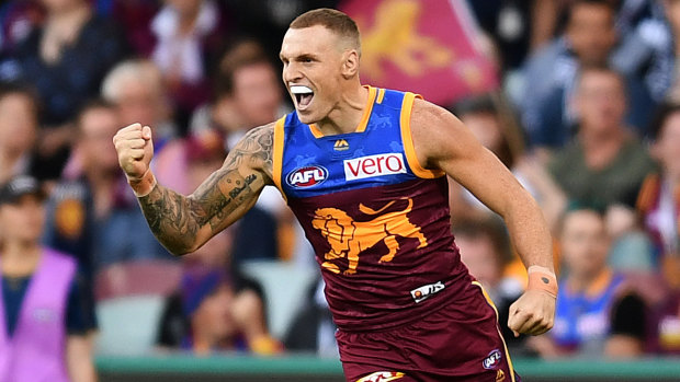 Pumped: Mitch Robinson after slotting another major for Brisbane against Collingwood.