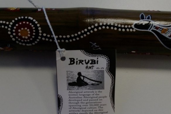 An example of a Birubi souvenir didgeridoo falsely advertised as "Aboriginal" when in fact it is manufactured in Indonesia. 