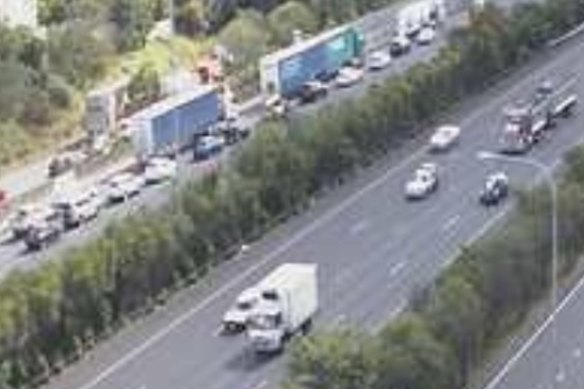 A north-facing traffic camera shows the M1 congestion at exit 34 in Beenleigh near the peak of the delays.