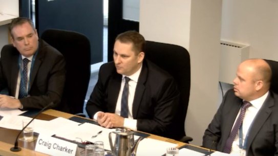 Air Service Australia officials Tim De Raadt, Craig Charker and Marcus Knauer, pictured above, appeared before the ACT Assembly's drone inquiry on Wednesday. 
