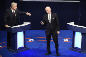 Alec Baldwin as Donald Trump and Jim Carrey as Joe Biden on <i>Saturday Night Live</i> last month.