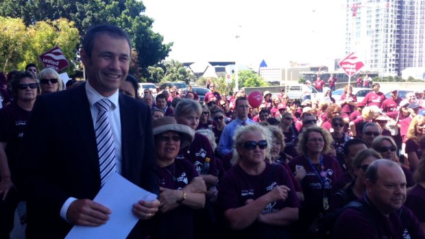 Health Minister Roger Cook at a rally of education and hospital workers in 2012 when Labor was in opposition.