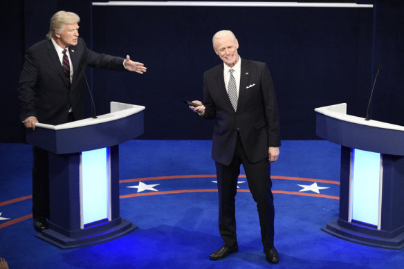 Alec Baldwin as Donald Trump and Jim Carrey as Joe Biden on <i>Saturday Night Live</i> last month.
