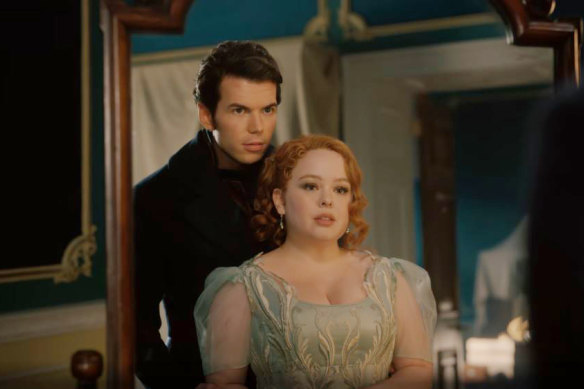 Nicola Coughlan and Luke Newton as Penelope and Colin in Bridgerton. 