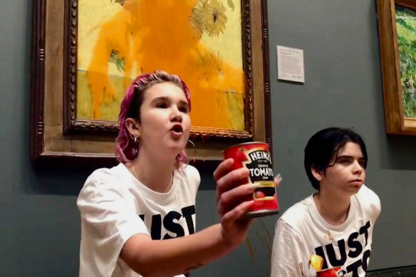 Climate change protesters threw soup over Van Gogh’s Sunflowers at London’s National Gallery.