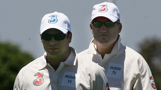 Brad Hodge and Dean Jones in a six-a-side match in 2005.