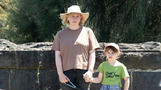 Antonia Sellbach and her 6 year old daughter Albertine and their dog Hilda attempting to cross Murray Rd, Coburg.