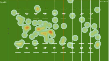 The heat map of where the Penrith Panthers concede set re-starts, the highest percentage in the opposition half.