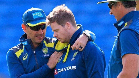 Australia coach Justin Langer, left, and Steve Smith during a nets session at Headingley on Tuesday.