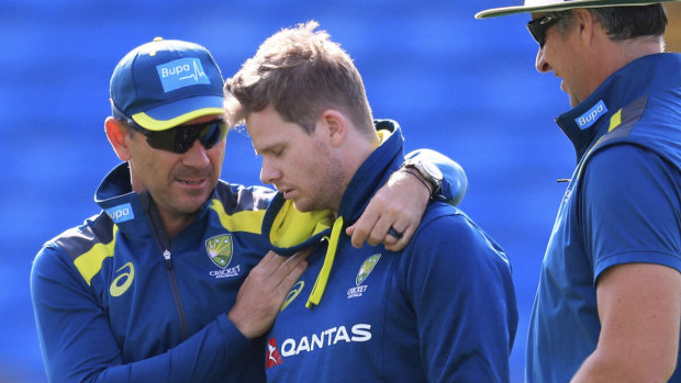 Australia coach Justin Langer, left, and Steve Smith during a nets session at Headingley on Tuesday.