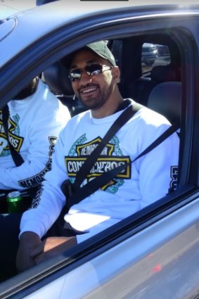 Paea Talakai pictured at the 2017 Comanchero memorial run in a Comanchero jumper. There were different "supporter" jumpers for non-members.