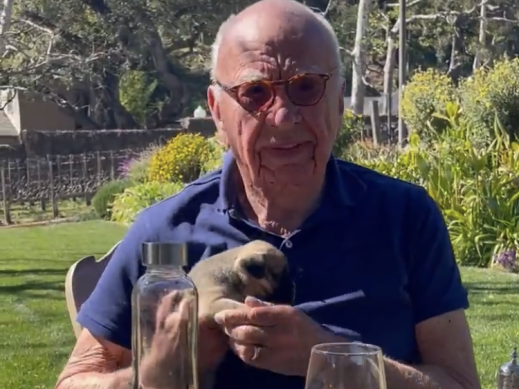 Cuddly: Rupert Murdoch with his daughter Grace’s new puppy in California last week.