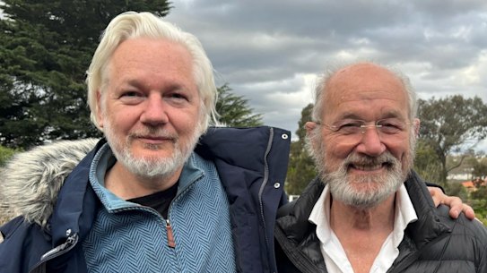 Julian Assange (left) and father John Shipton in Melbourne