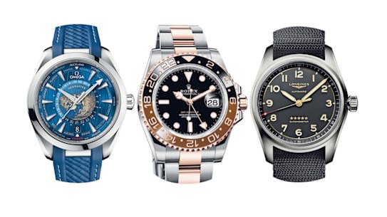 Omega Aqua Terra GMT Worldtime, Rolex GMT-Master II, the Longines Spirit Titanium.