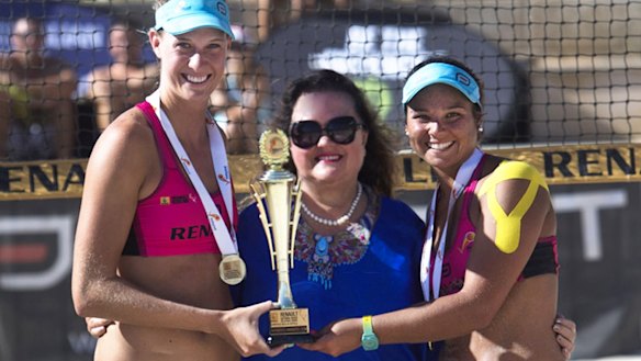 Gina Rinehart, photographed with Artacho del Solar (right) and Olympian Nikki Laird in 2014, is a long-time supporter of volleyball.