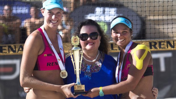 Gina Rinehart, photographed with Artacho del Solar (right) and Olympian Nikki Laird in 2014, is a long-time supporter of volleyball.