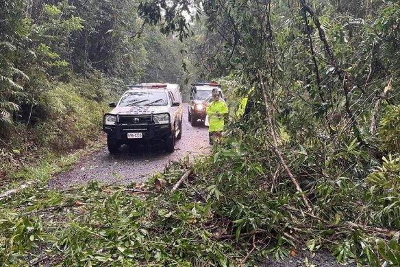 Fallen trees block traffic on the Mossman Daintree Road in Far North Queensland.