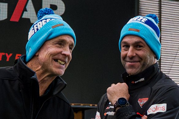 Terry Daniher with Essendon’s interim coach Dean Solomon on Tuesday.