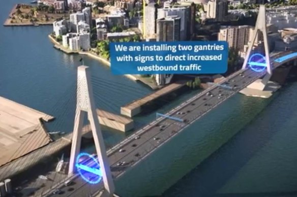 Four of the gantries will be installed within or between the A-frames of the bridge. A fifth gantry is proposed on the western approach, near the Australian Digger sculpture.
