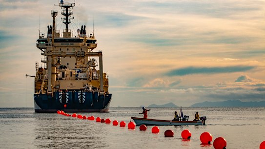 The Ile de Brehat, laying the Coral Sea Cable System connecting Port Moresby, Honiara and Sydney. 
